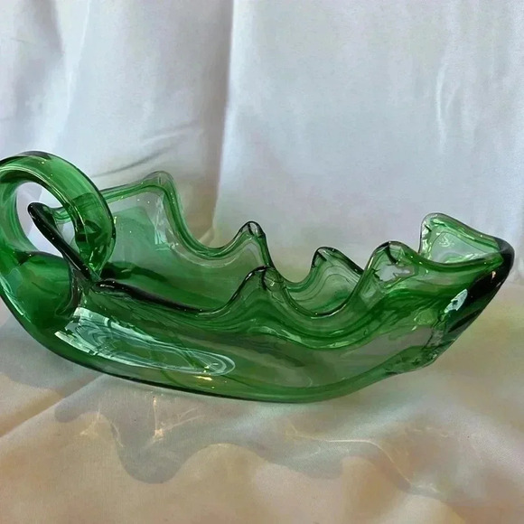 Vintage 70s MCM Atomic Murano Style Hand Blown Green Glass Abstract Vase Bowl - Picture 6 of 6